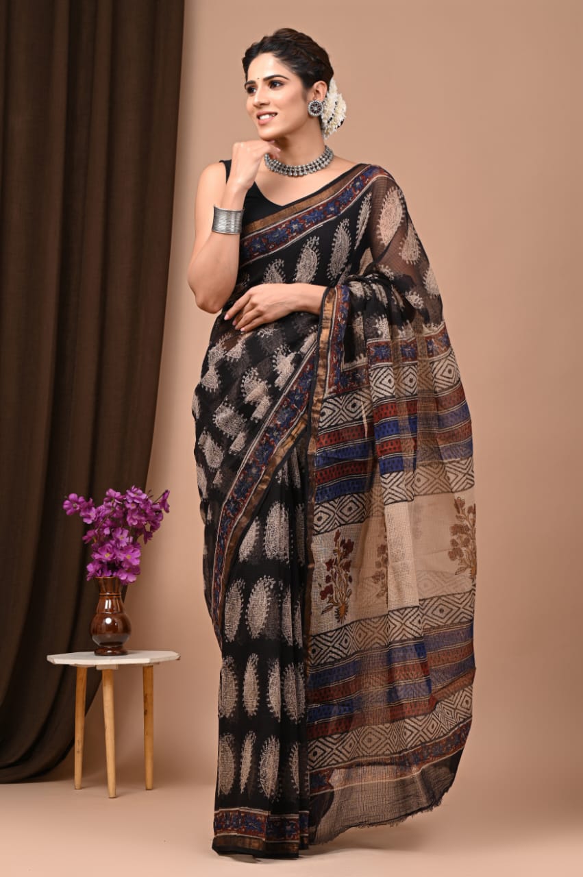 Exclusive hand Block Printed Kota Doria Saree