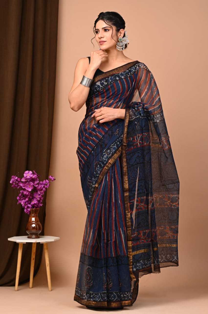 Exclusive hand Block Printed Kota Doria Saree