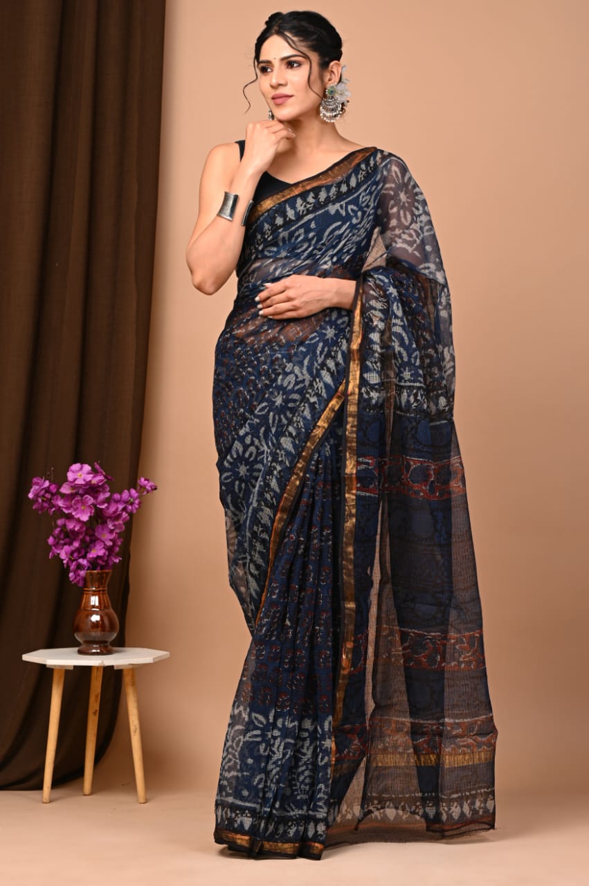 Exclusive hand Block Printed Kota Doria Saree