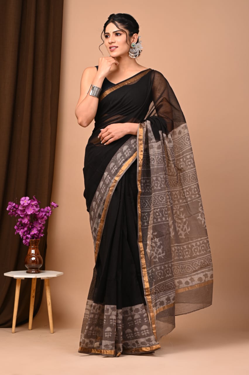 Exclusive hand Block Printed Kota Doria Saree