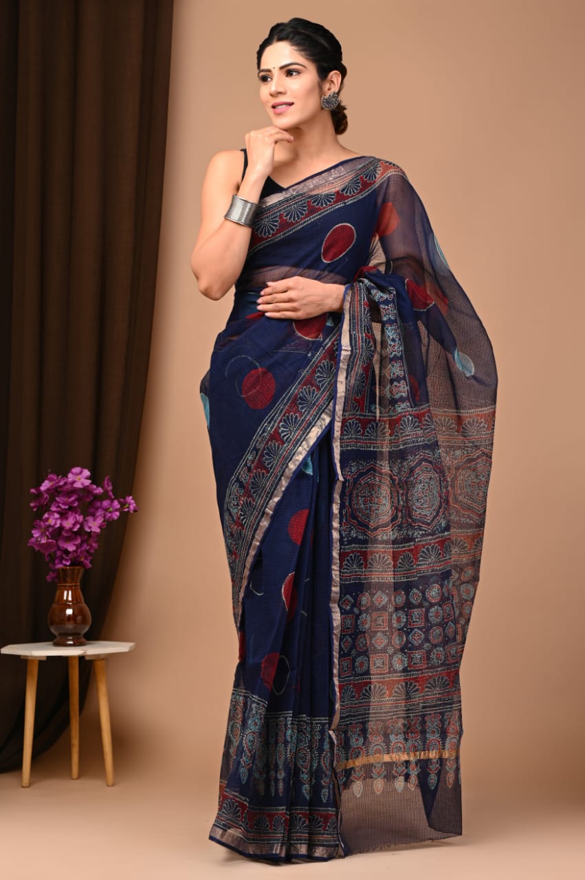 Exclusive hand Block Printed Kota Doria Saree