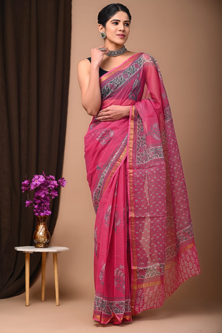 Exclusive hand Block Printed Kota Doria Saree