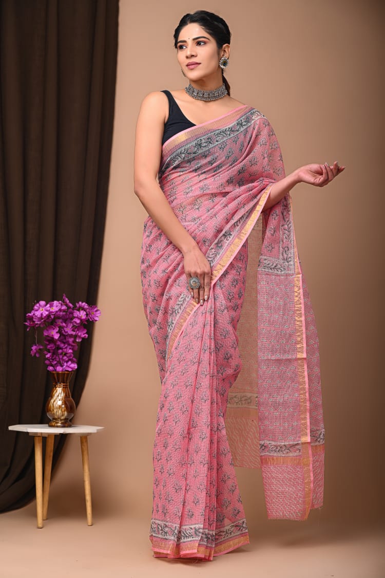 Exclusive hand Block Printed Kota Doria Saree