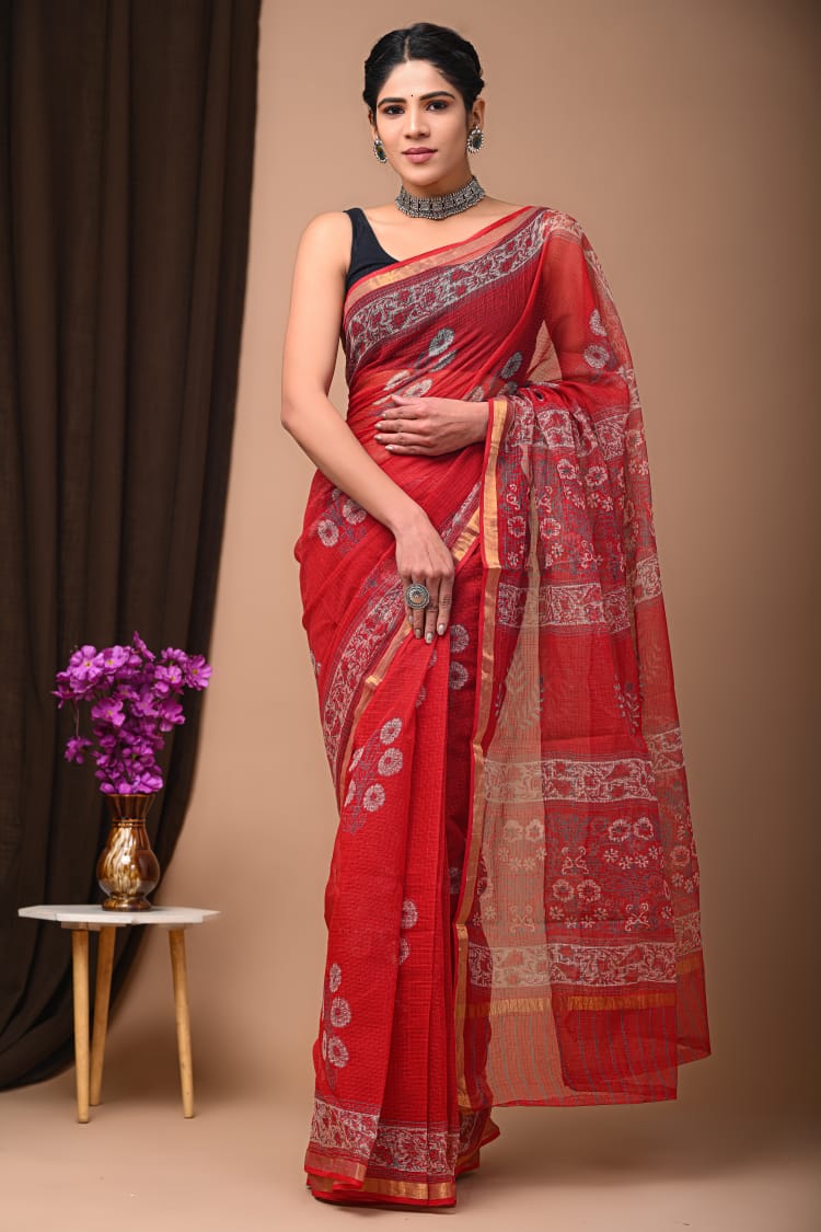 Exclusive hand Block Printed Kota Doria Saree