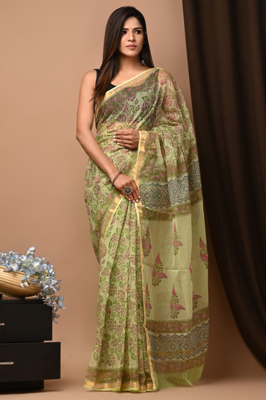 Exclusive hand Block Printed Kota Doria Saree