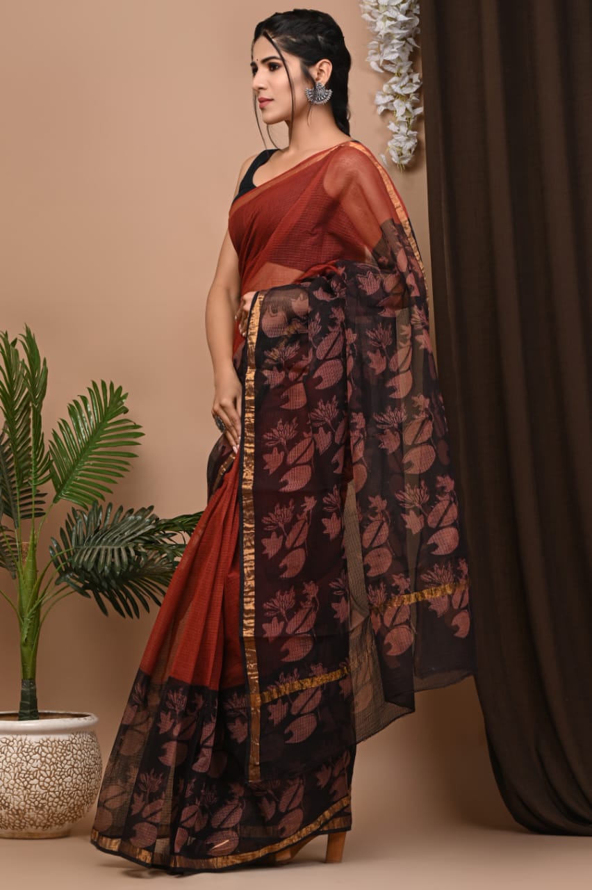 Exclusive hand Block Printed Kota Doria Saree