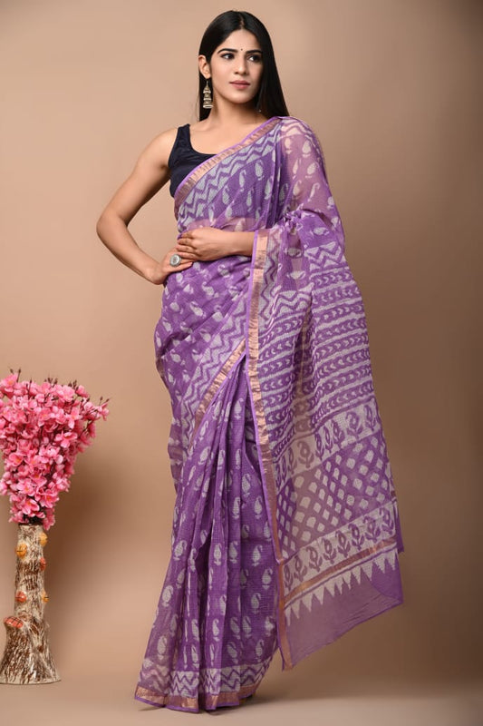 Exclusive hand Block Printed Kota Doria Saree