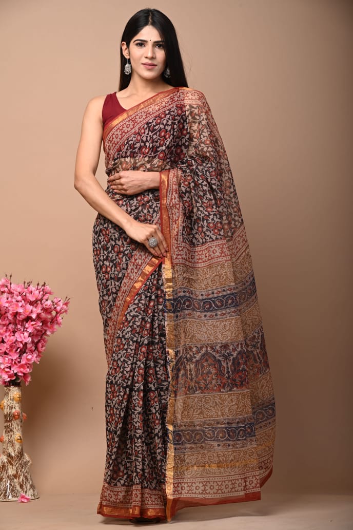 Exclusive hand Block Printed Kota Doria Saree