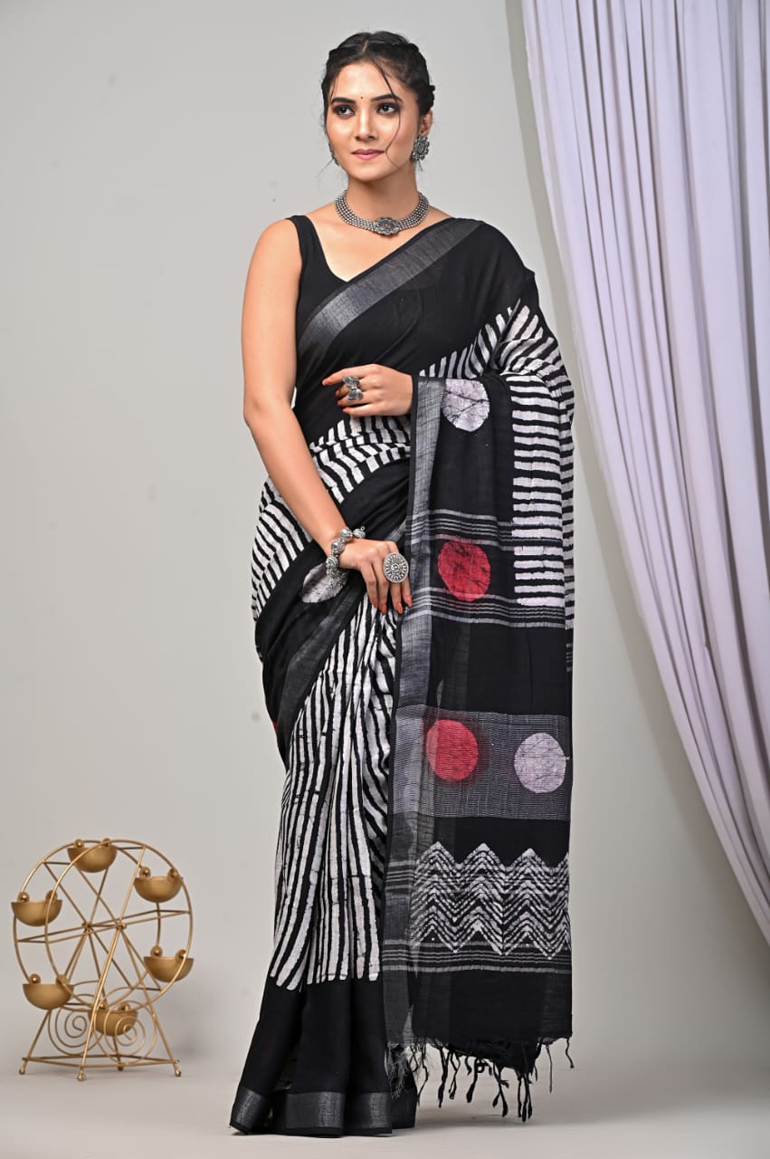 Hand Block Printed Linen Saree