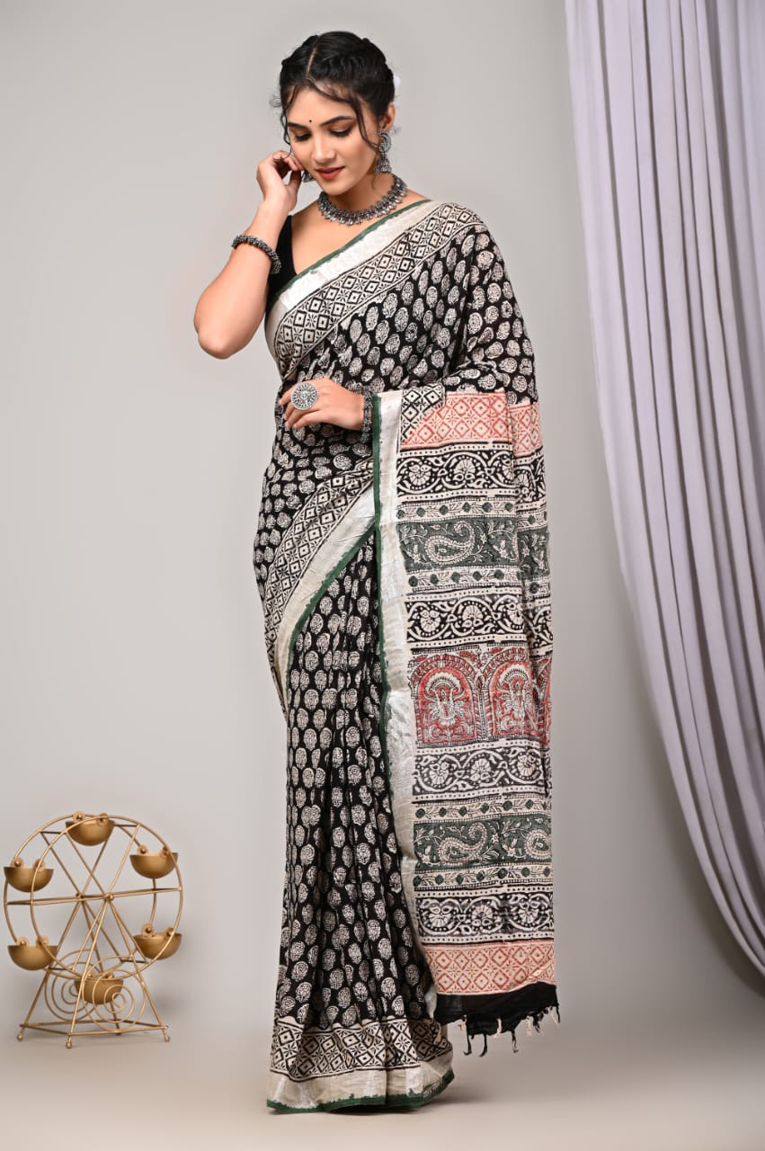 Hand Block Printed Linen Saree