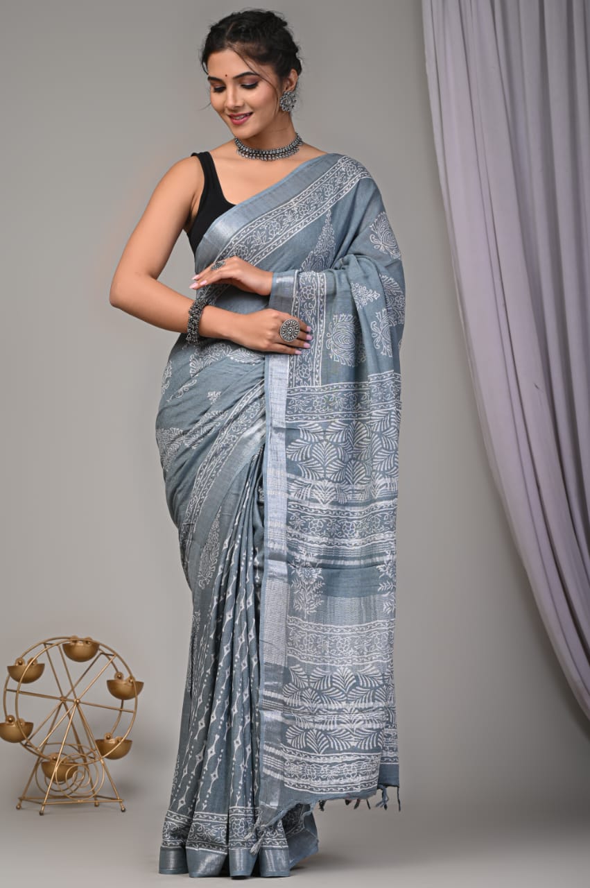 Hand Block Printed Linen Saree