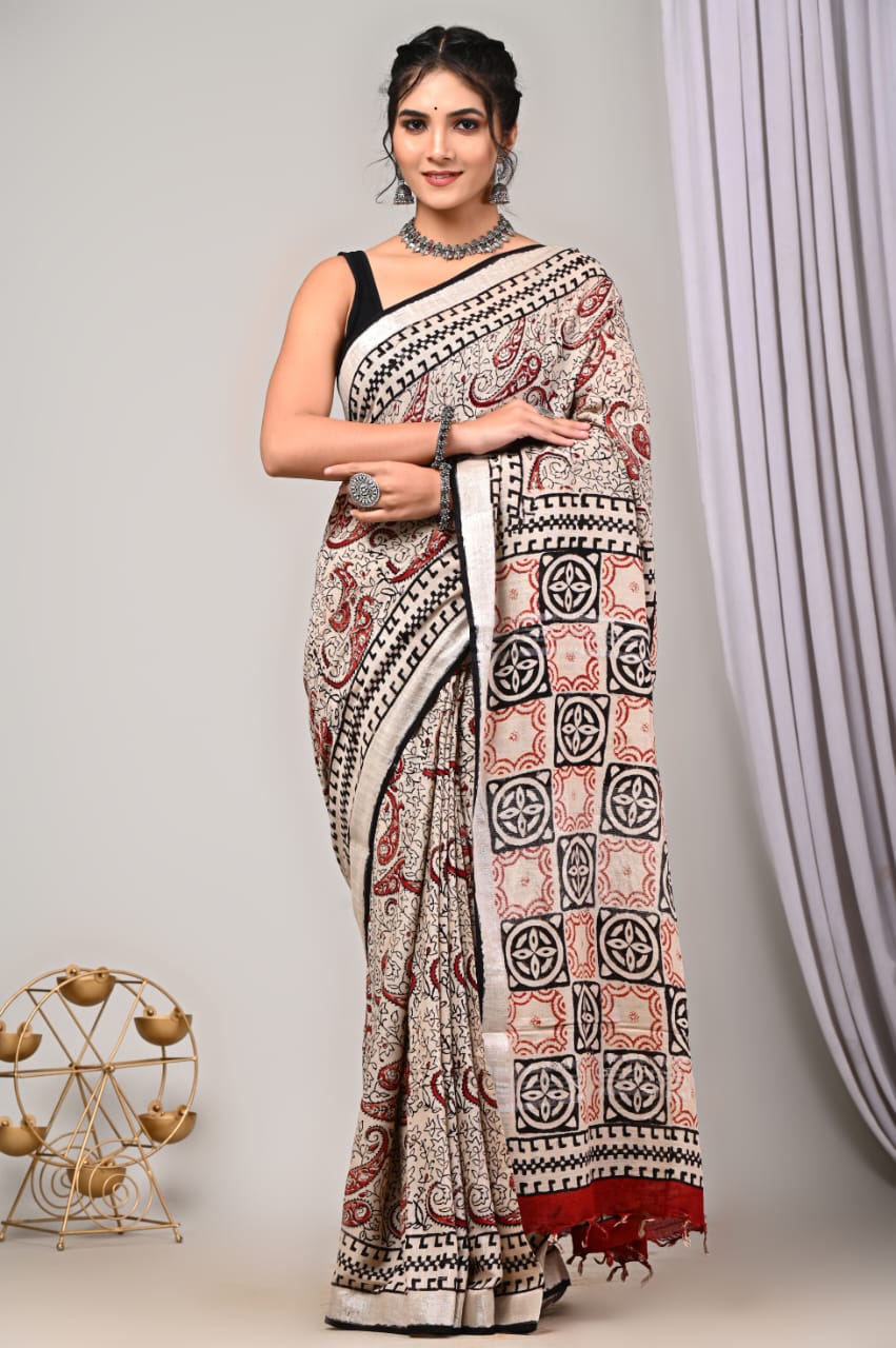 Hand Block Printed Linen Saree