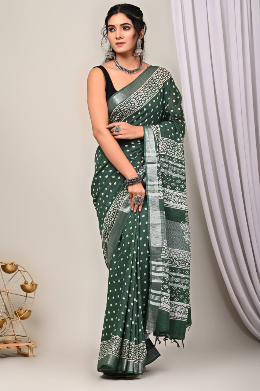 Hand Block Printed Linen Saree