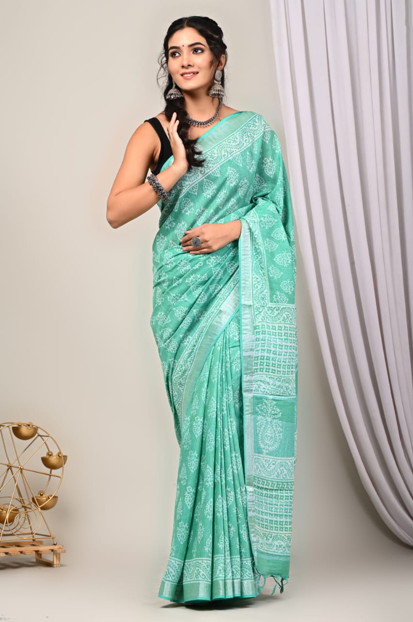 Hand Block Printed Linen Saree