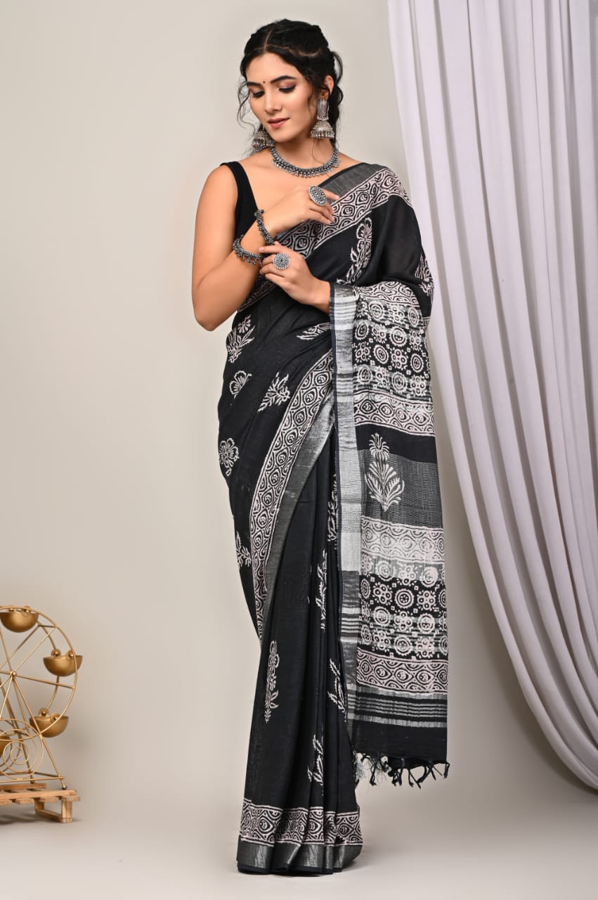 Hand Block Printed Linen Saree