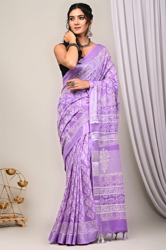 Hand Block Printed Linen Saree