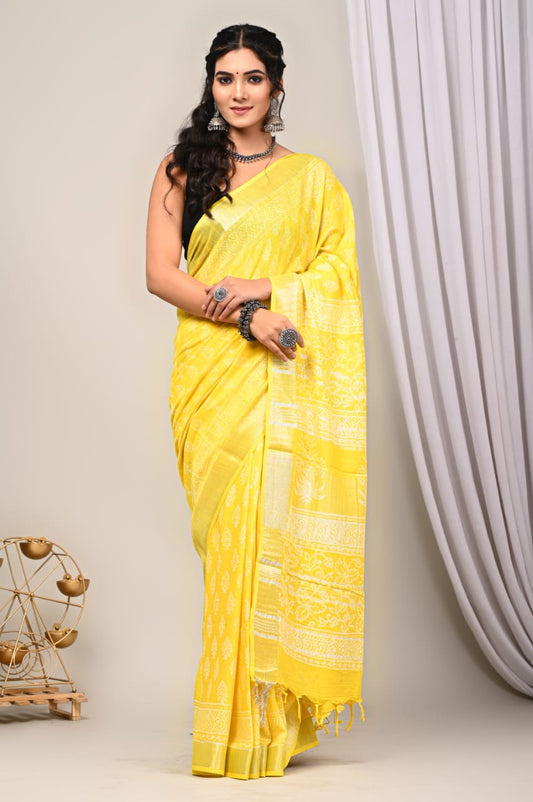 Hand Block Printed Linen Saree