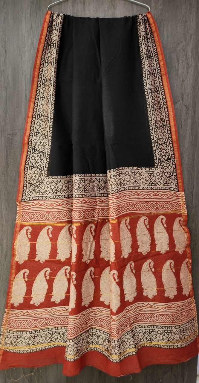 Mithra Hand block Printed Chanderi silk-cotton saree