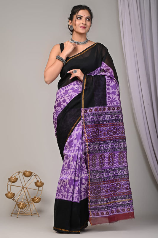 Mithra Hand block Printed Chanderi silk-cotton saree