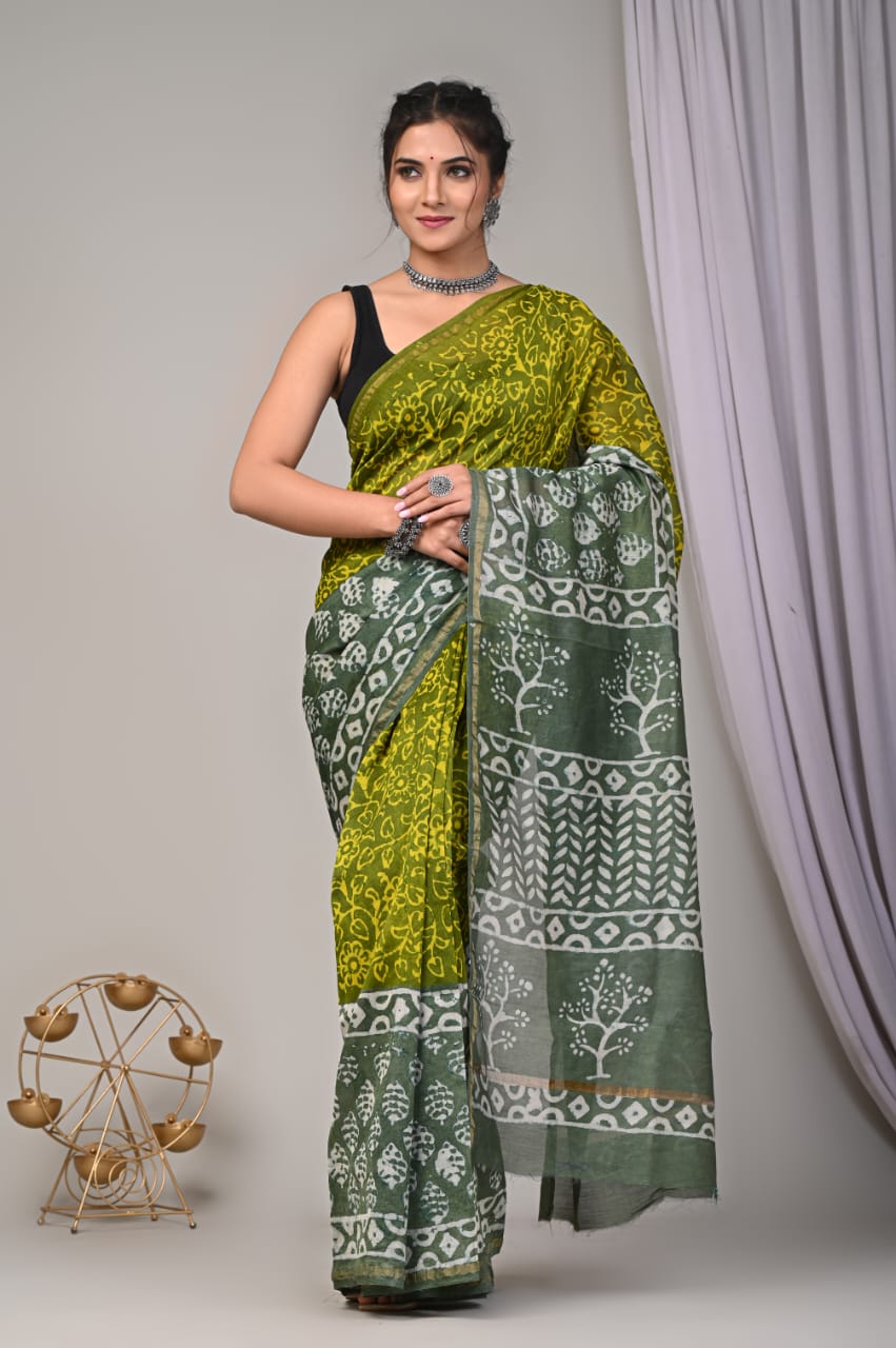 Mithra Hand block Printed Chanderi silk-cotton saree