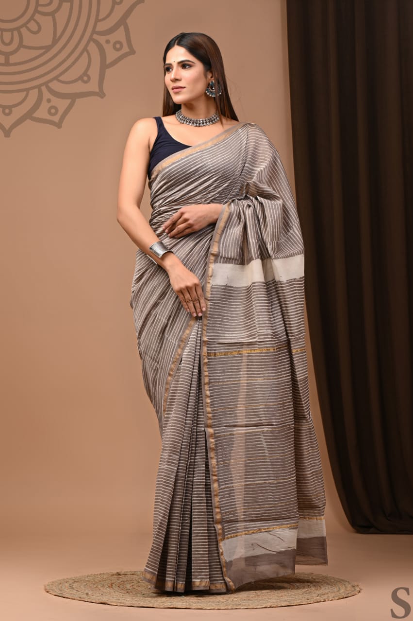 Mithra Hand block Printed Chanderi silk-cotton saree