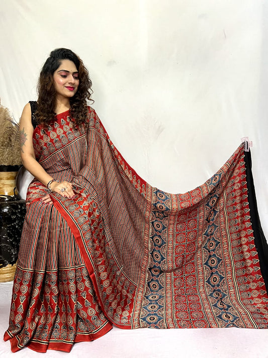 Ajrakh Silk Saree