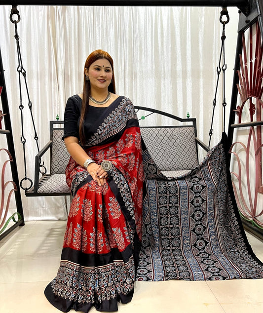 Ajrakh Silk Saree