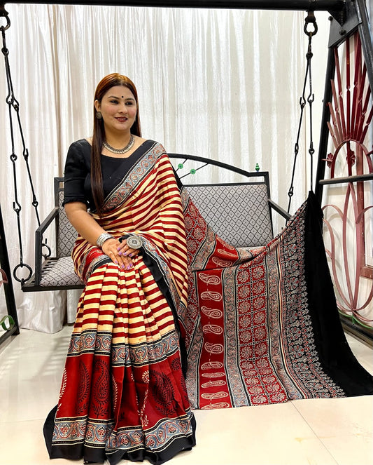 Ajrakh Silk Saree