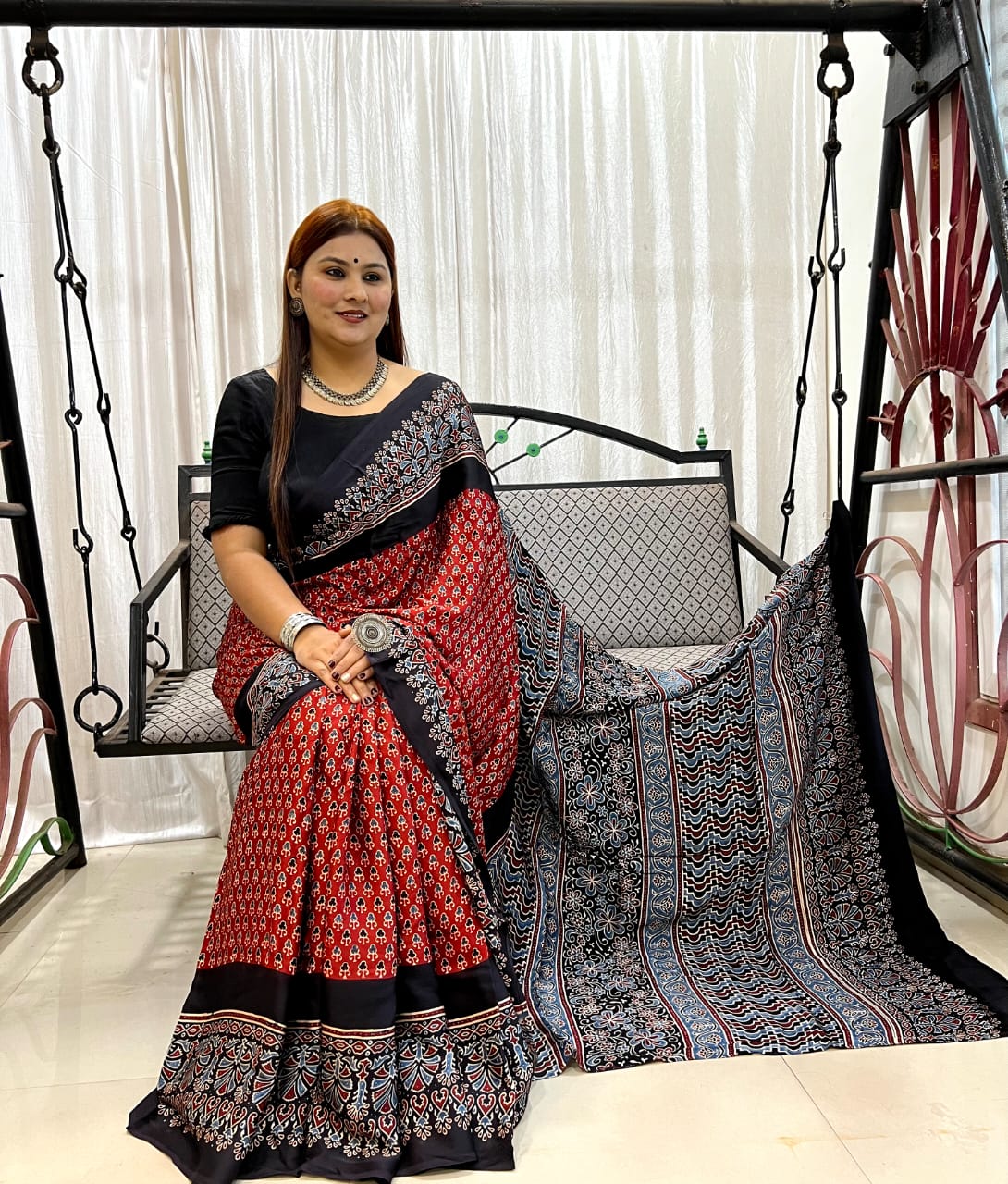 Ajrakh Silk Saree