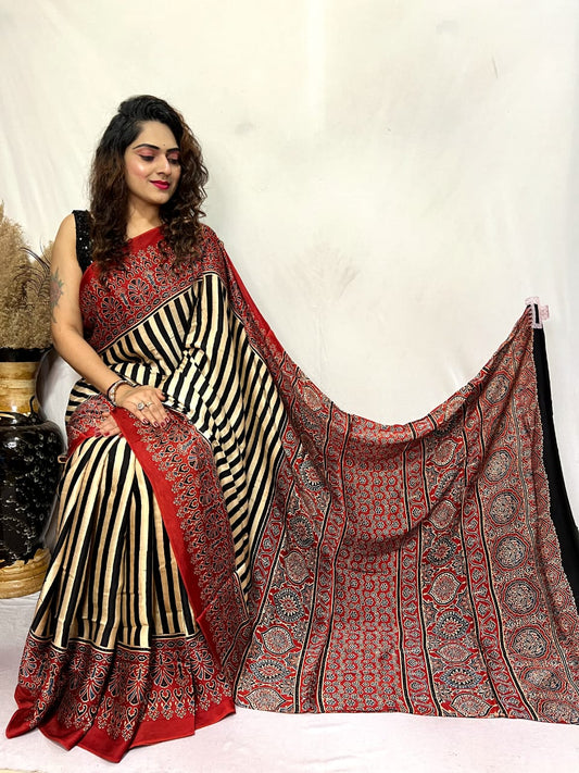 Ajrakh Silk Saree