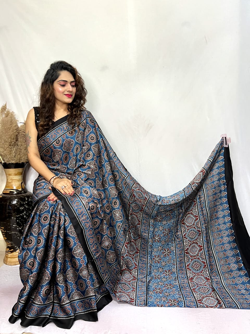 Ajrakh Silk Saree