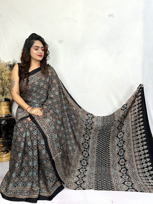 Ajrakh Silk Saree