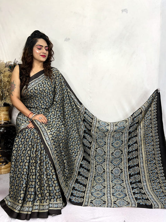 Ajrakh Silk Saree