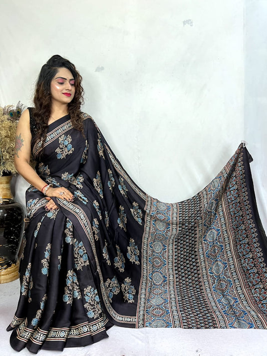 Ajrakh Silk Saree