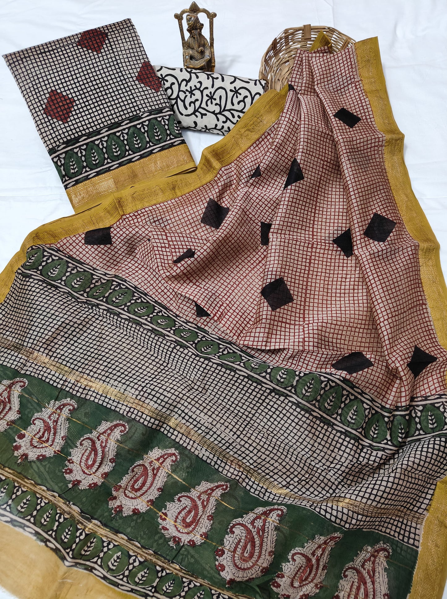 Hand block Maheshwari silk dress material