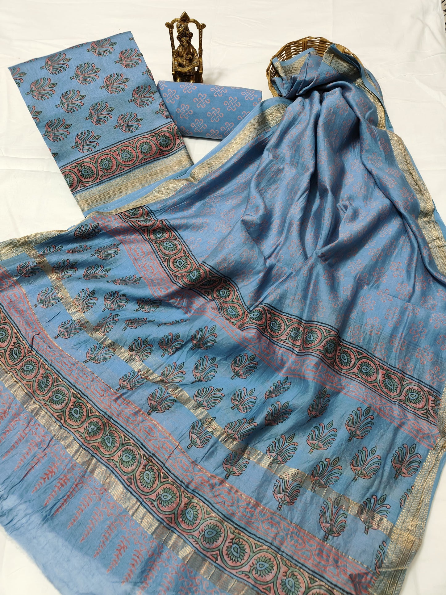 Hand block Maheshwari silk dress material