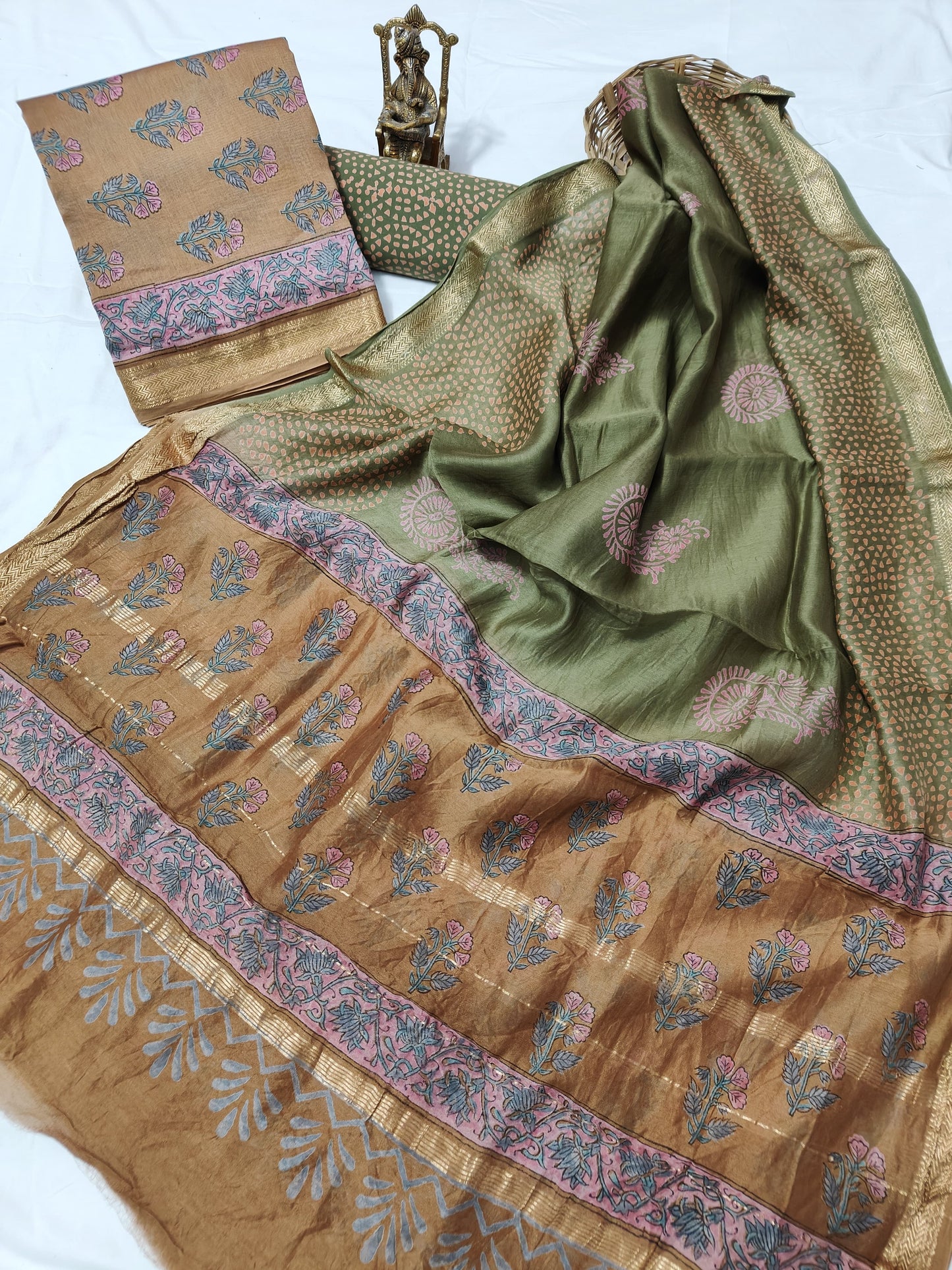 Hand block Maheshwari silk dress material