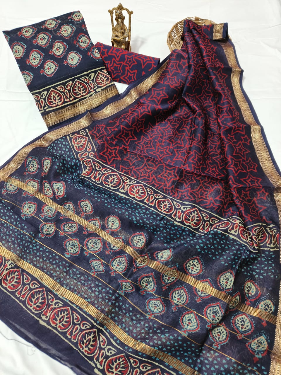 Hand block Maheshwari silk dress material