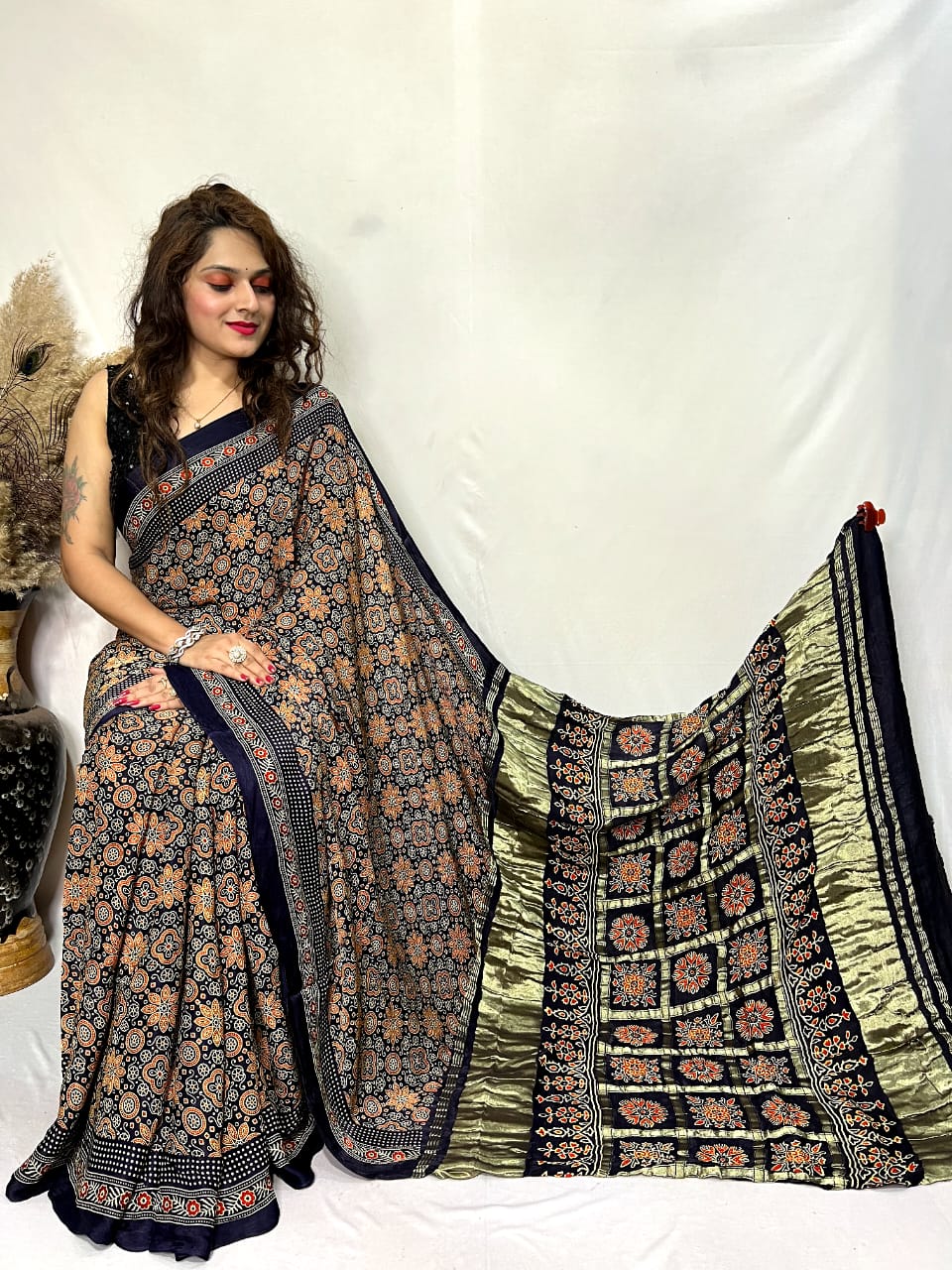 Ajrakh Silk Saree