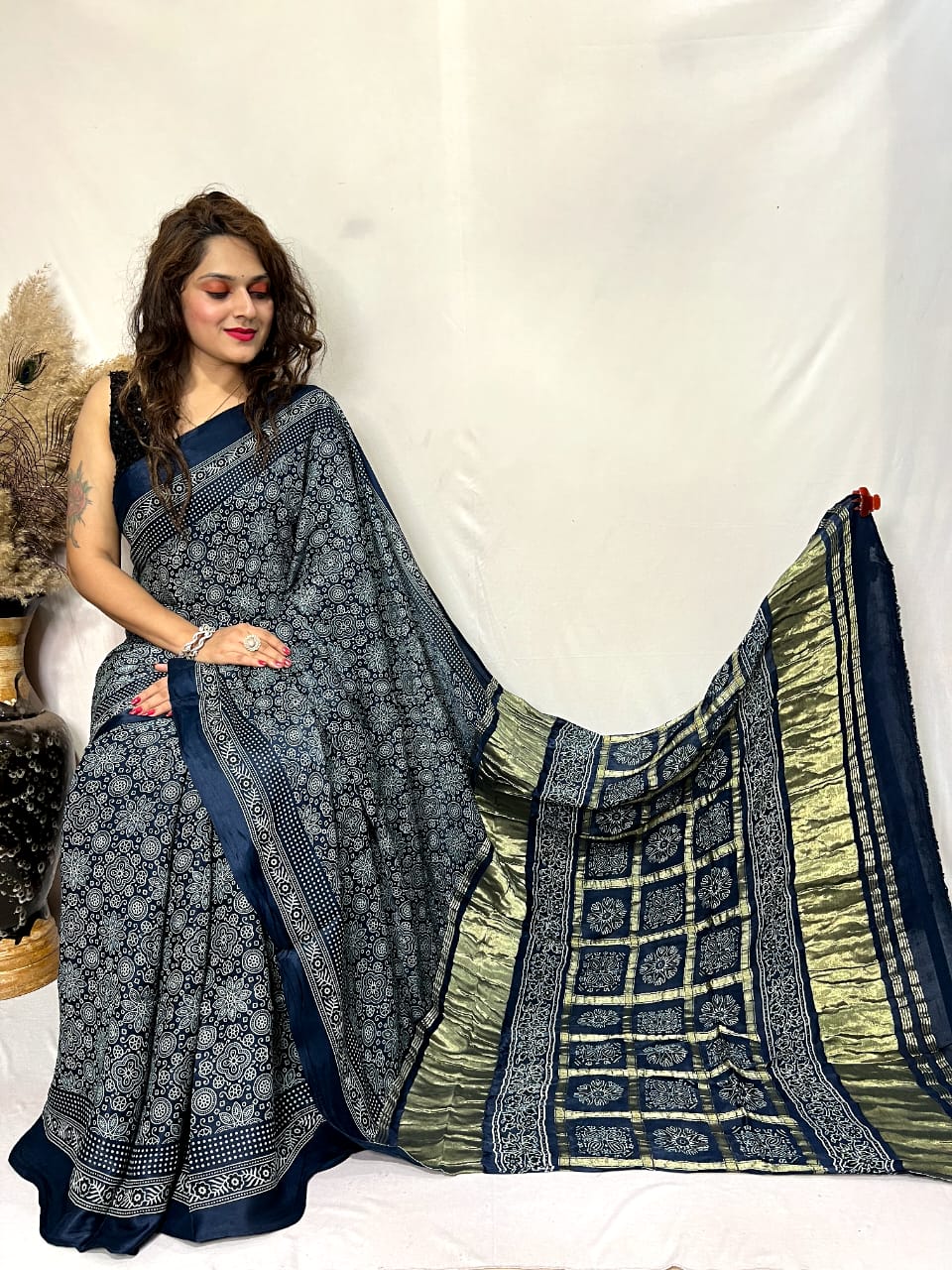 Ajrakh Silk Saree