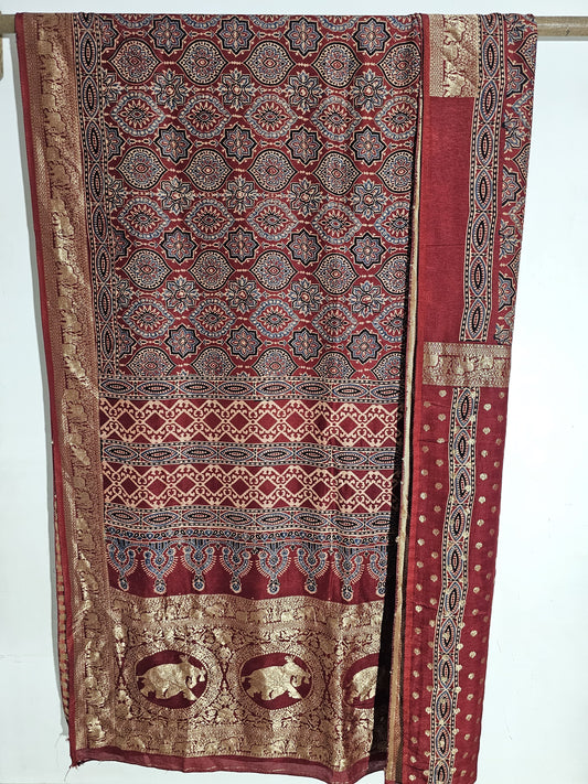 Ajrakh Dola Silk Saree