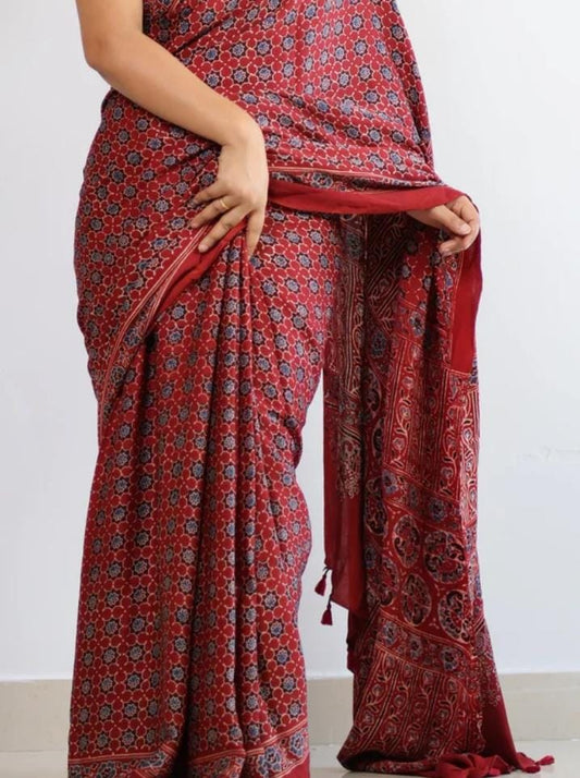 Red Ajrakh Modal Silk Saree