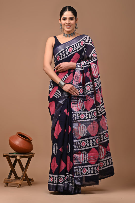 Hand Block Printed Linen Saree