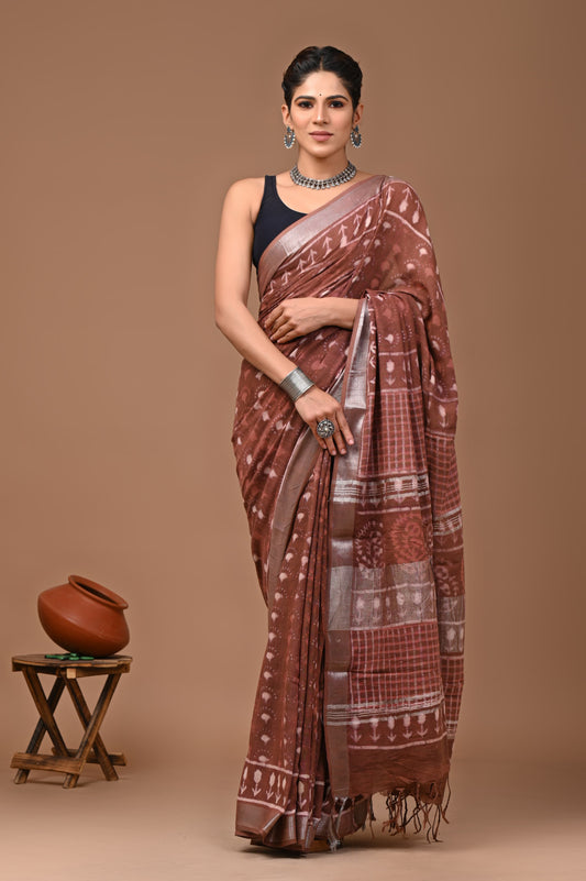 Hand Block Printed Linen Saree