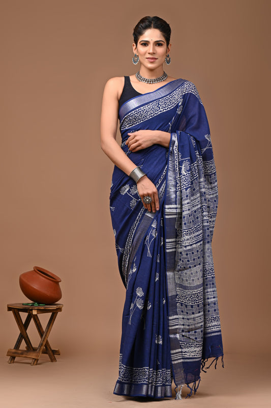 Hand Block Printed Linen Saree