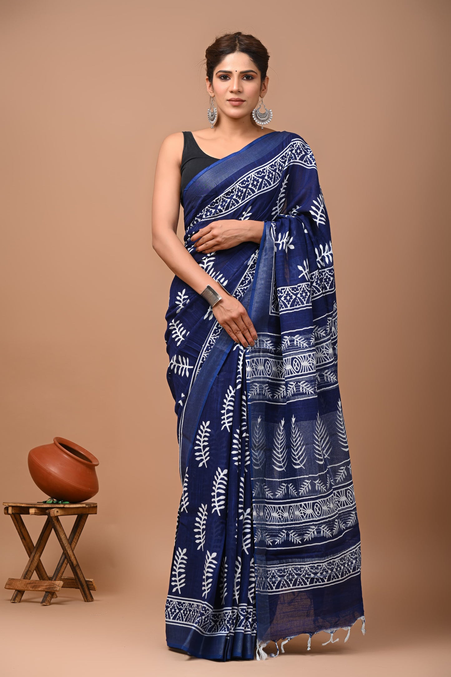 Hand Block Printed Linen Saree