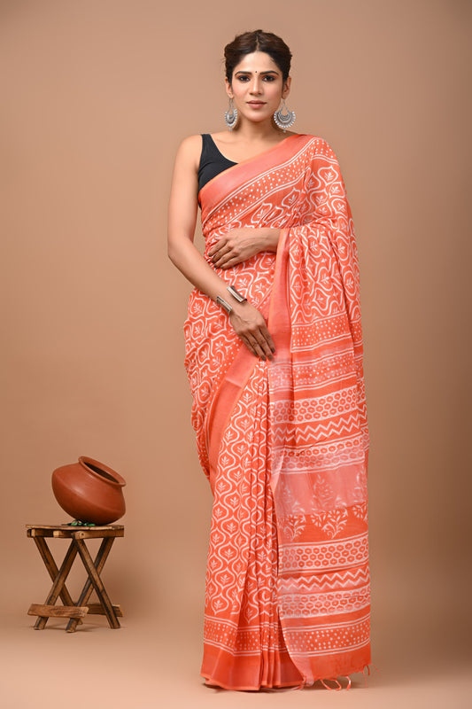 Hand Block Printed Linen Saree