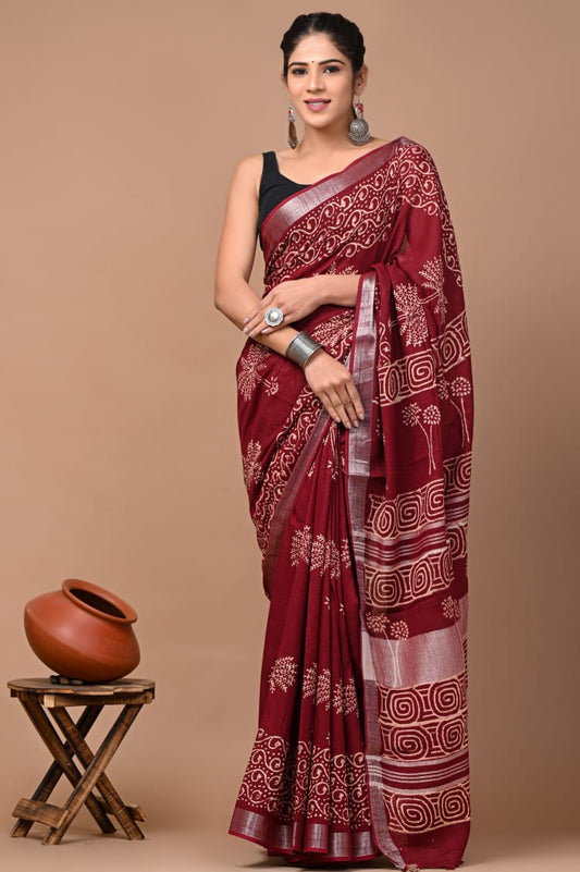 Hand Block Printed Linen Saree