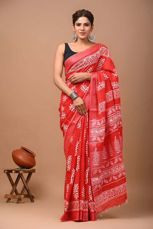 Hand Block Printed Linen Saree