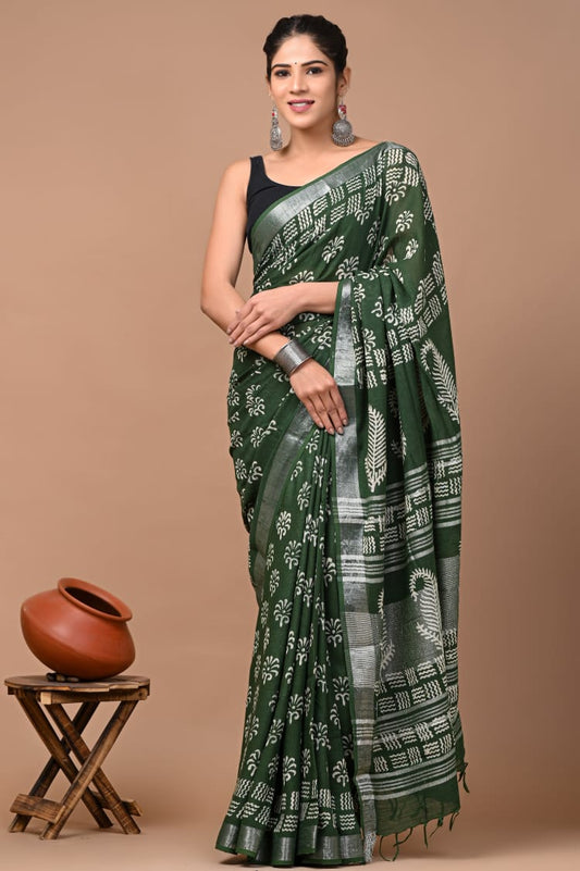 Hand Block Printed Linen Saree